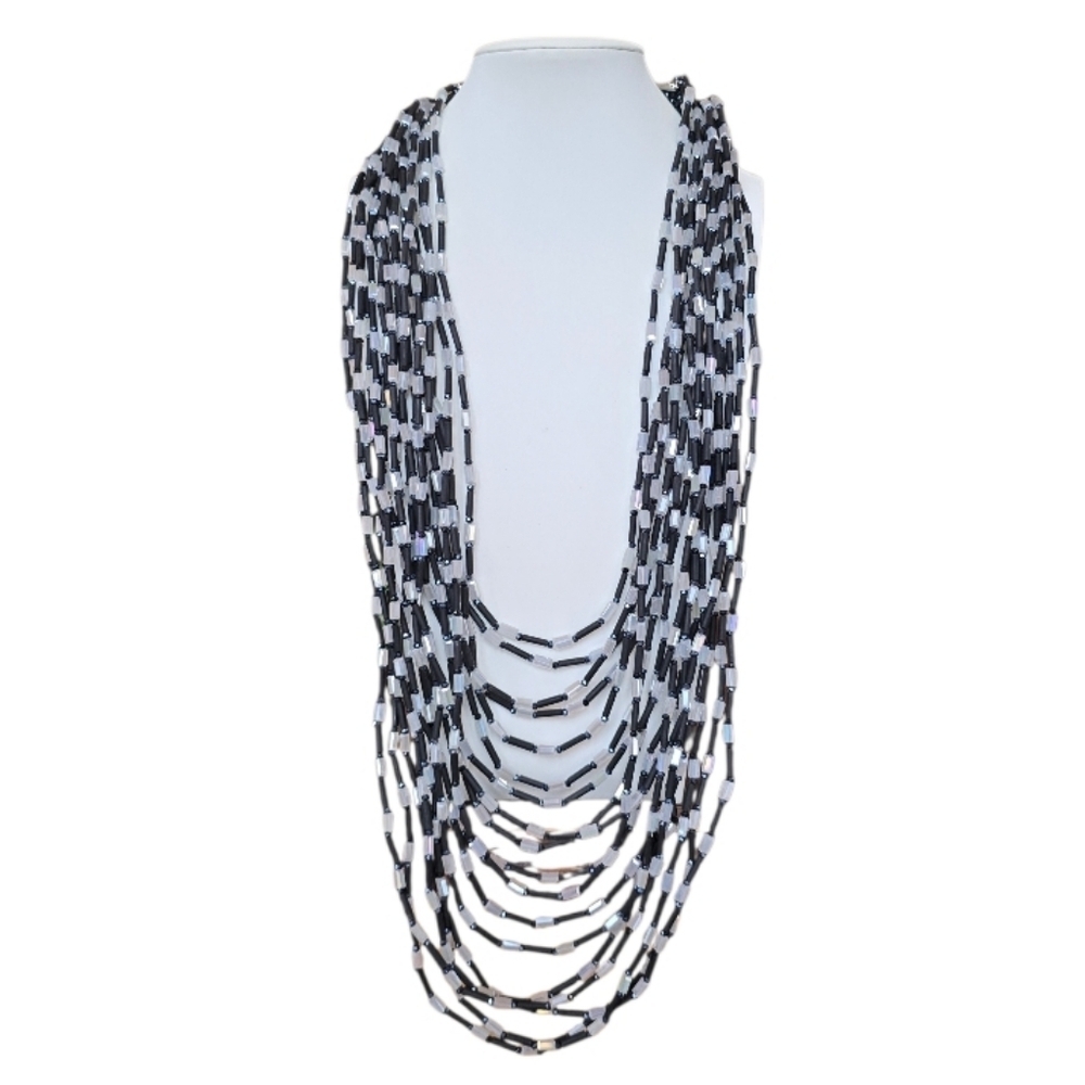 Black White Glass Bead Multi-strand Waterfall Statement Necklace